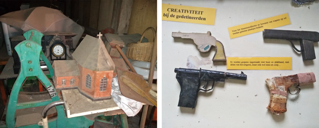 Links een foto van het depot van het Gevangenismuseum van Merksplas, rechts een foto van enkele valse pistolen die door gevangenen werden geknutseld.
